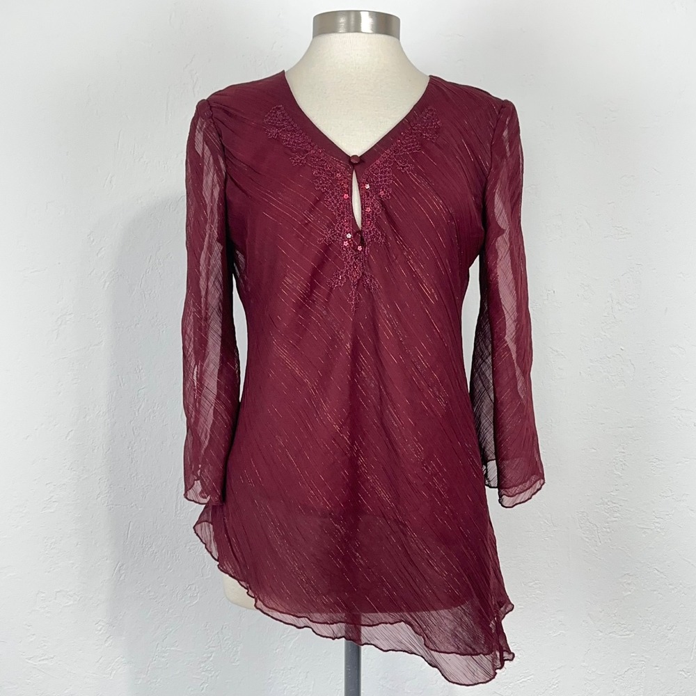 Fairy Boho Whimsical Romantic Top Size 10 Burgundy Asymmetrical Sheer V-Neck